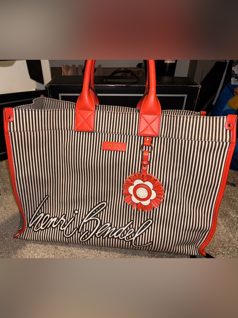 henri bendel Black and White Striped Tote with Red Trim
